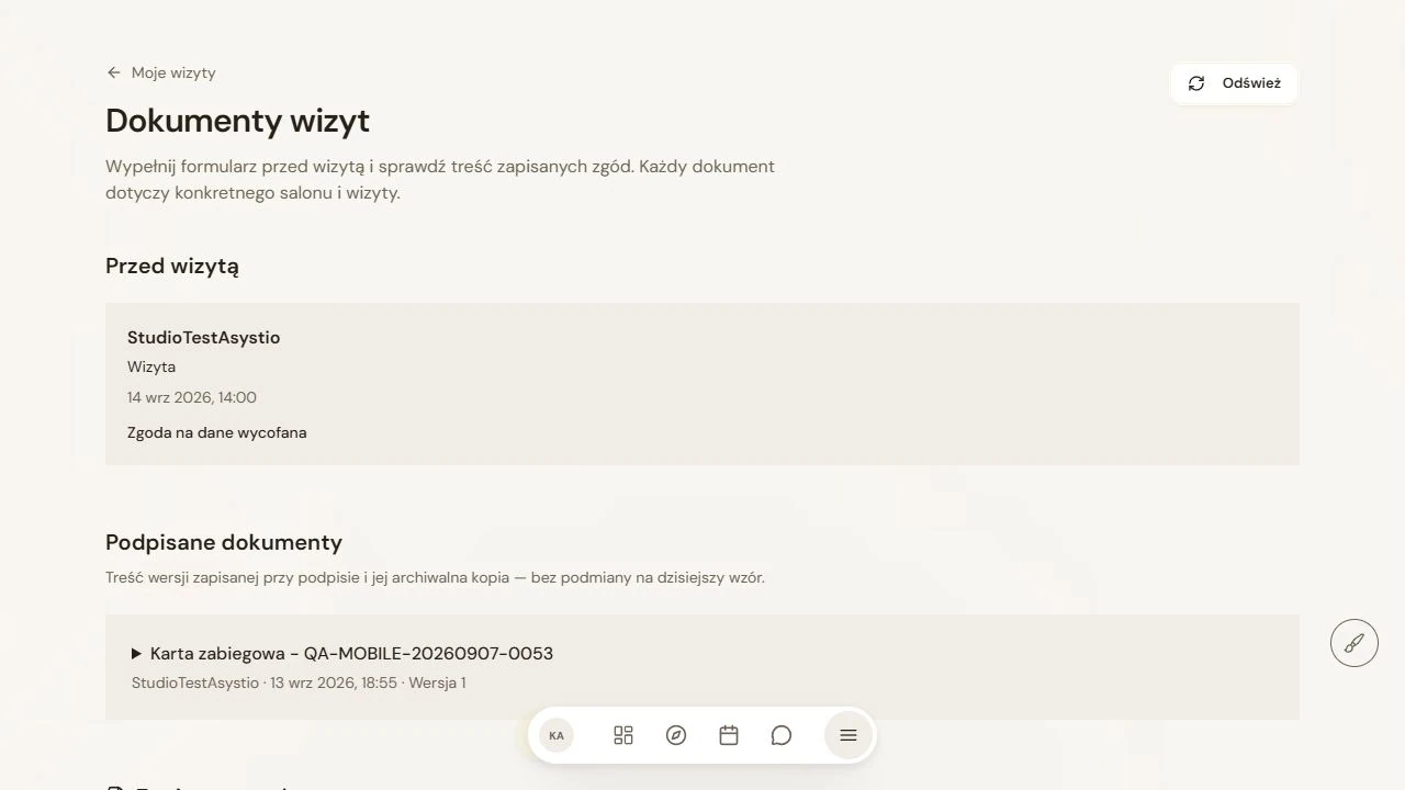 Aktualny panel testowego klienta: dokumenty wizyt i archiwum podpisanych dokumentów