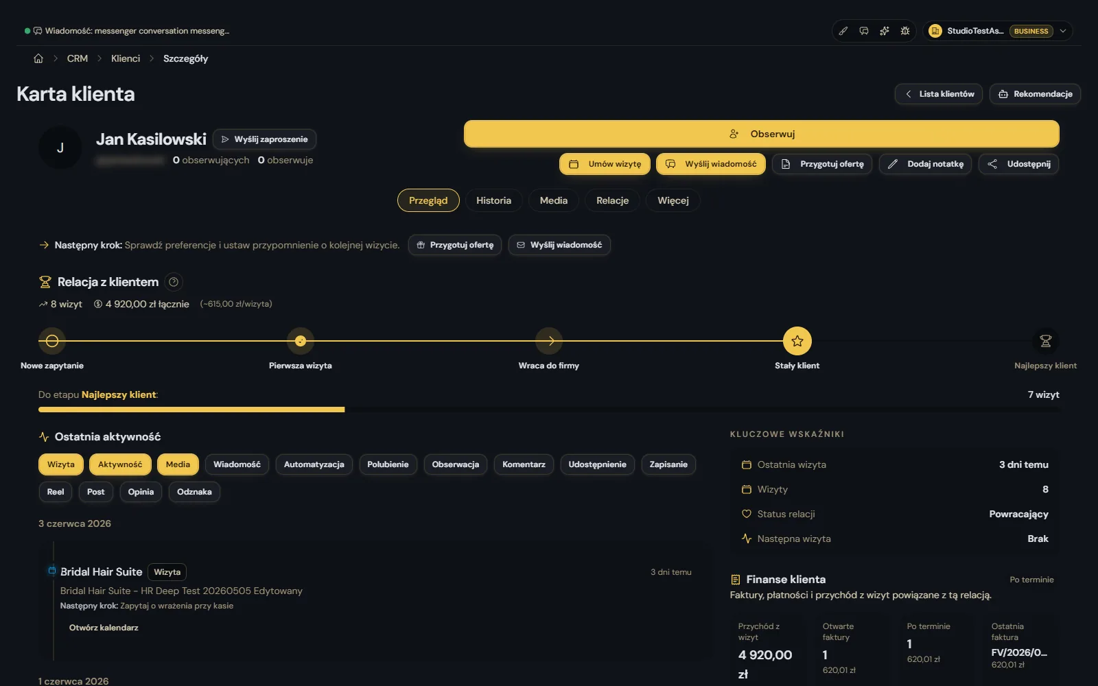 Asystio customer profile screenshot with relationship stage, visit history, finance and next step