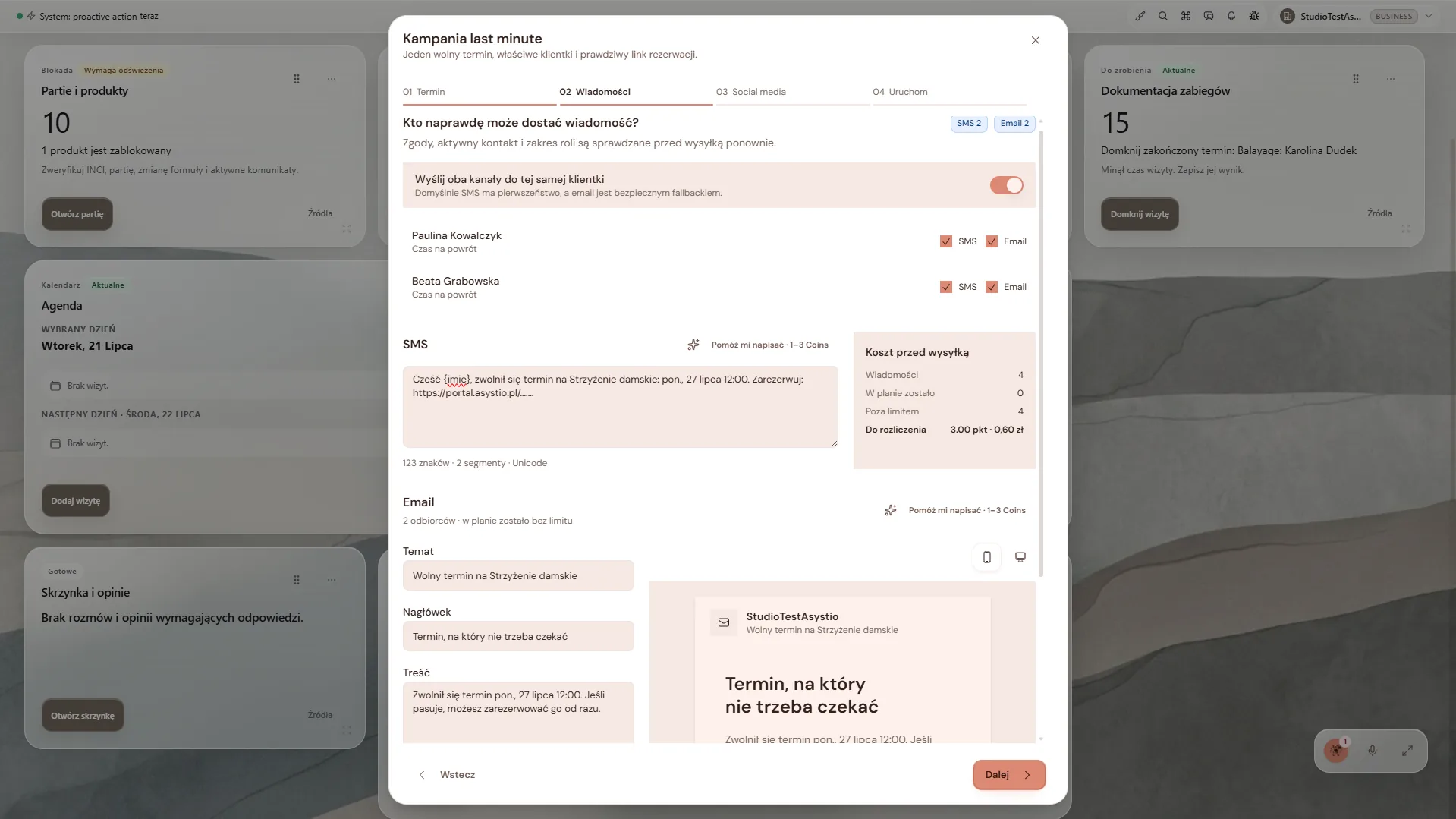 Kampania powrotna SMS i e-mail w CRM Asystio