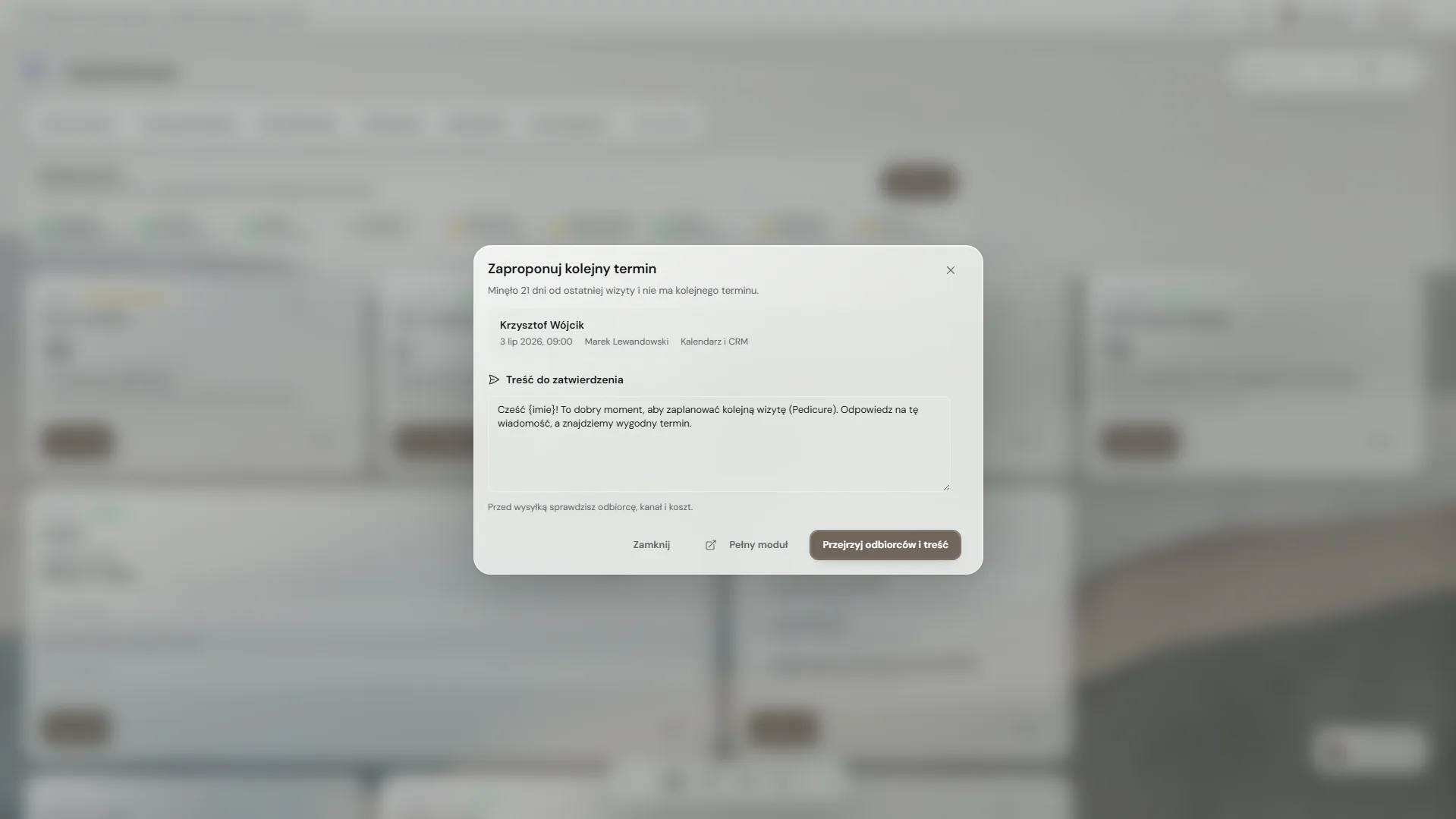 Propozycja kolejnego terminu przygotowana w Asystio CRM