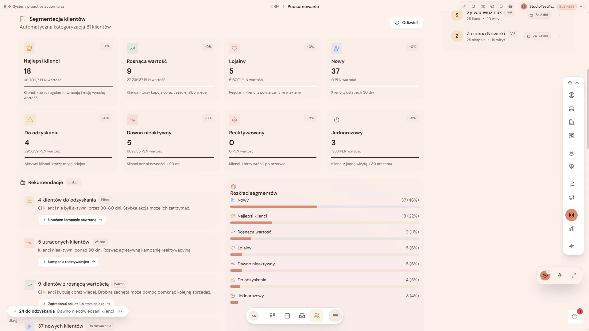 Segmentacja klientów CRM Asystio z rekomendacjami odzyskiwania relacji