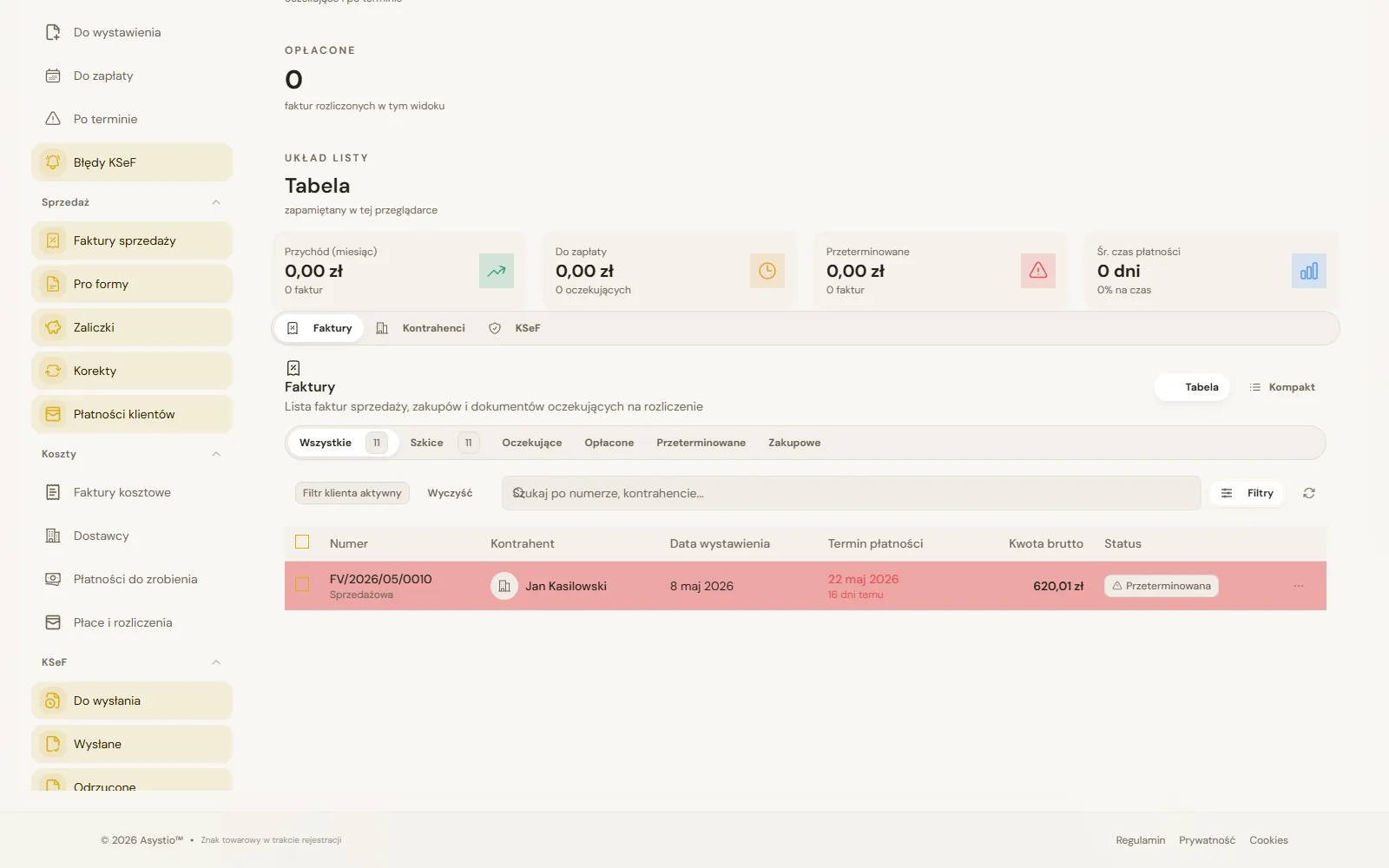 Asystio finance screenshot with a customer invoice and payment status