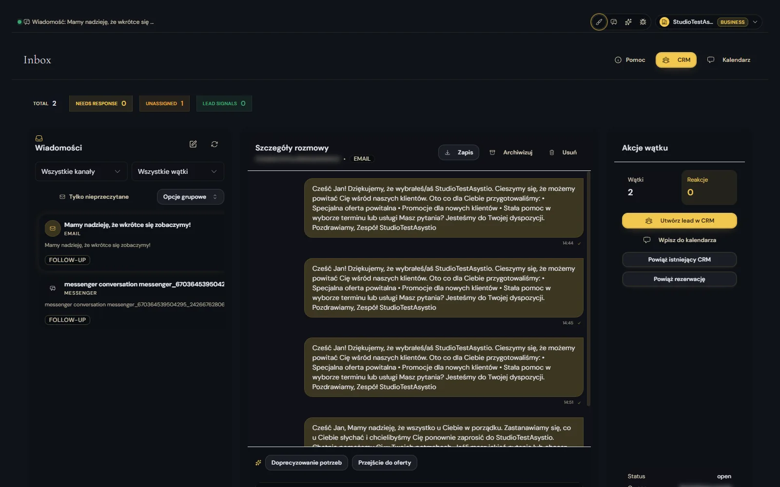 Asystio inbox screenshot with thread actions for CRM and calendar