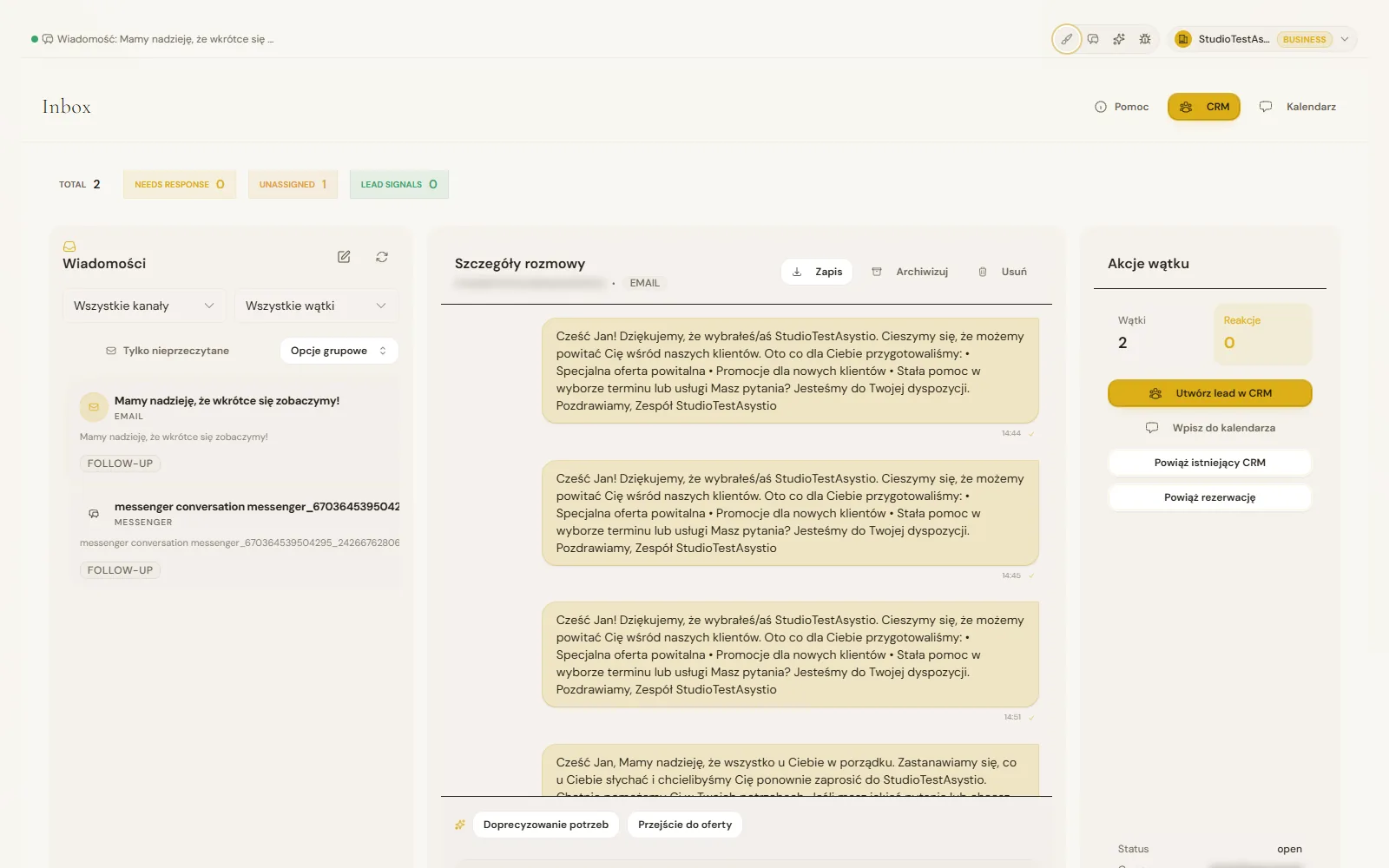 Asystio inbox screenshot with thread actions for CRM and calendar