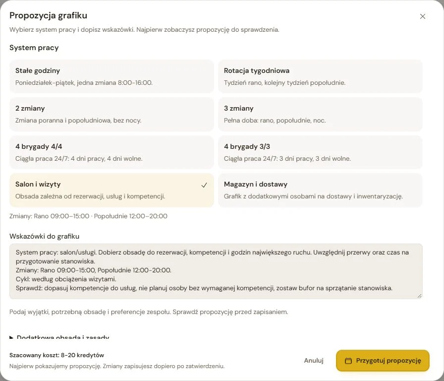 Aktualny formularz propozycji grafiku AI: salon, godziny zmian i wymagania, bez uruchomionego generowania