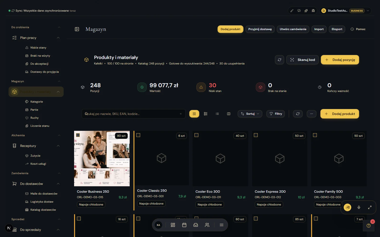 Asystio screenshot with products, stock levels, inventory alerts and a product action
