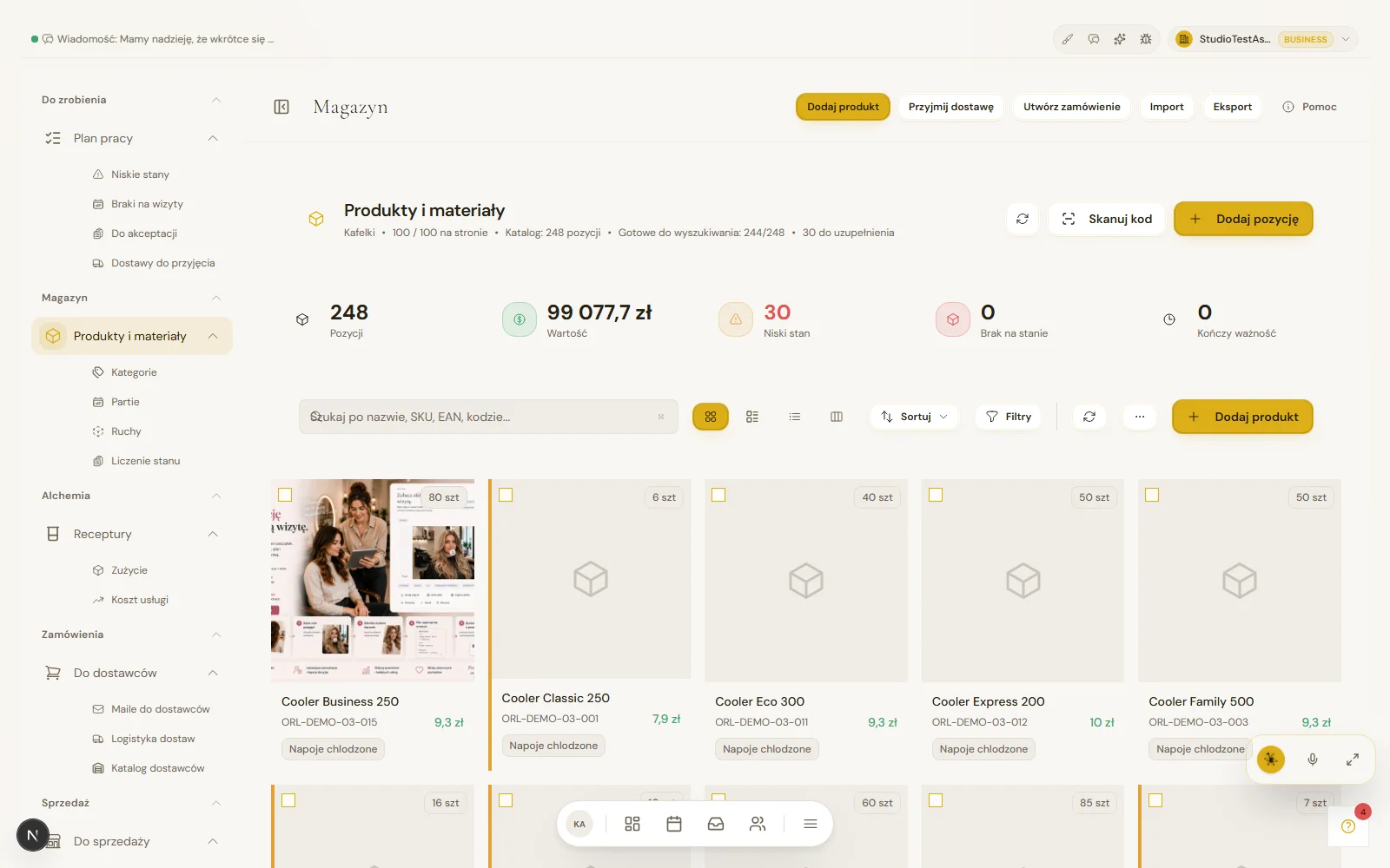 Asystio screenshot with products, stock levels, inventory alerts and a product action