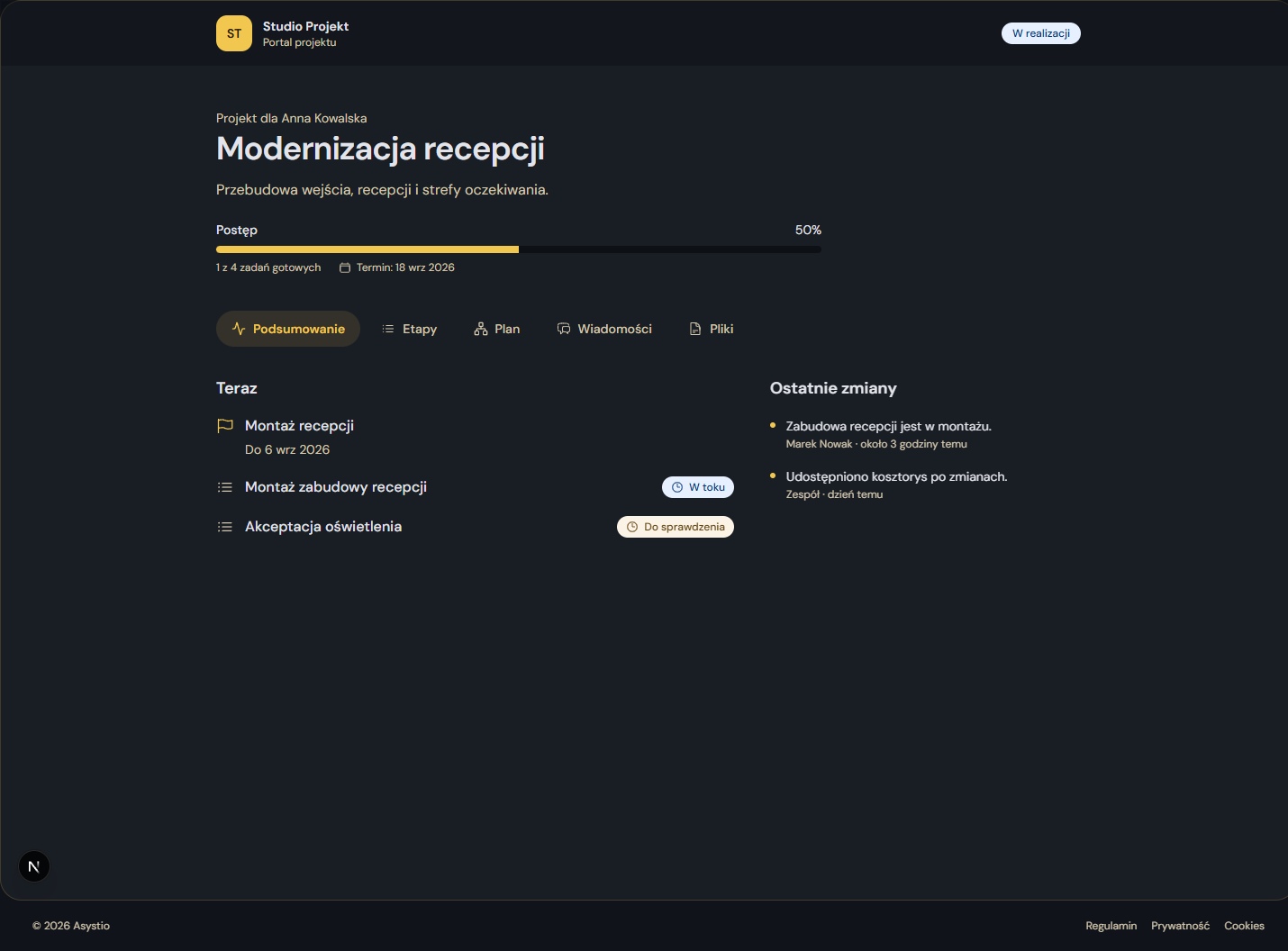 Portal projektu Asystio dla klienta z etapami modernizacji recepcji, terminem i ostatnimi zmianami