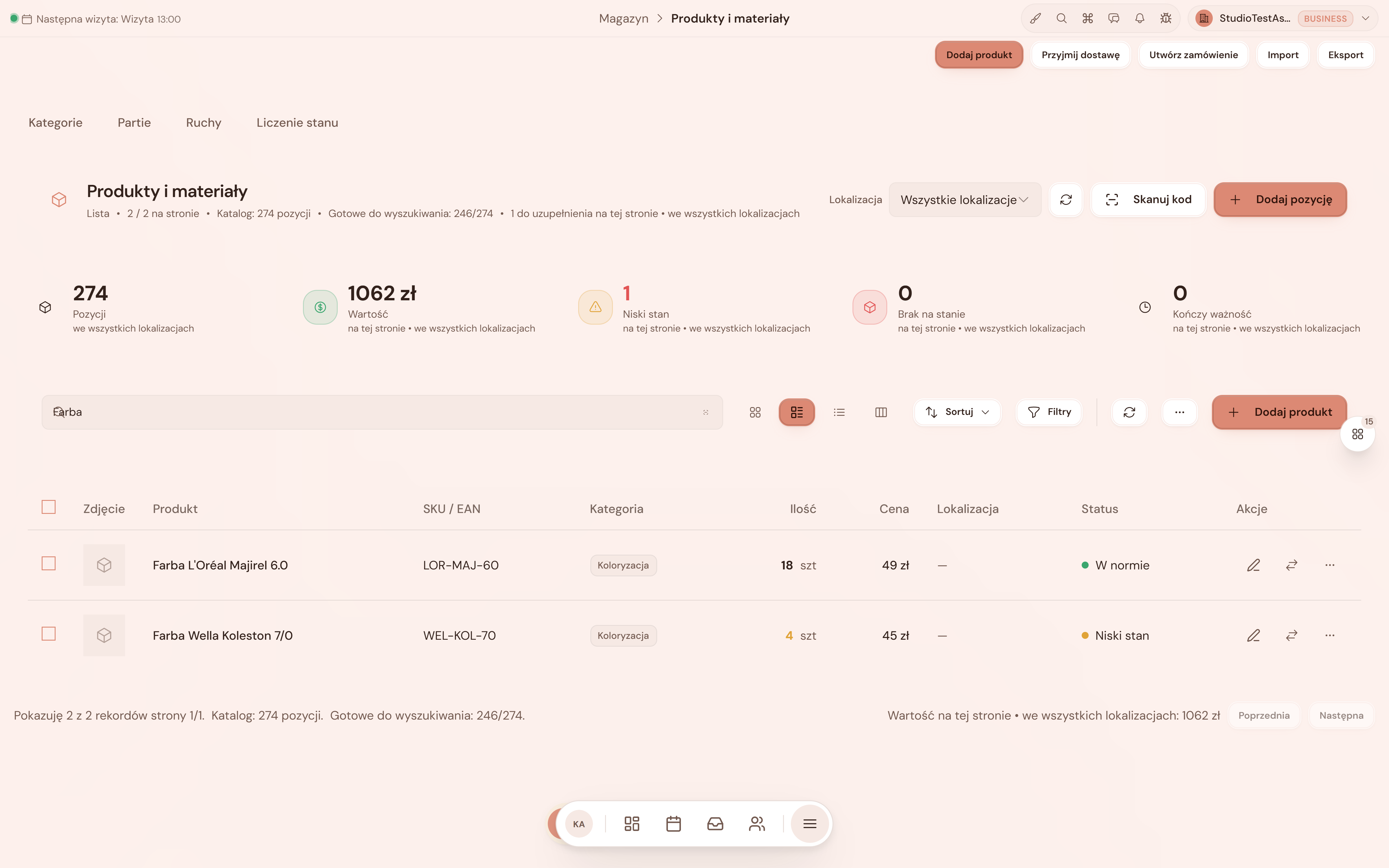 Asystio screenshot with products, stock levels, inventory alerts and a product action