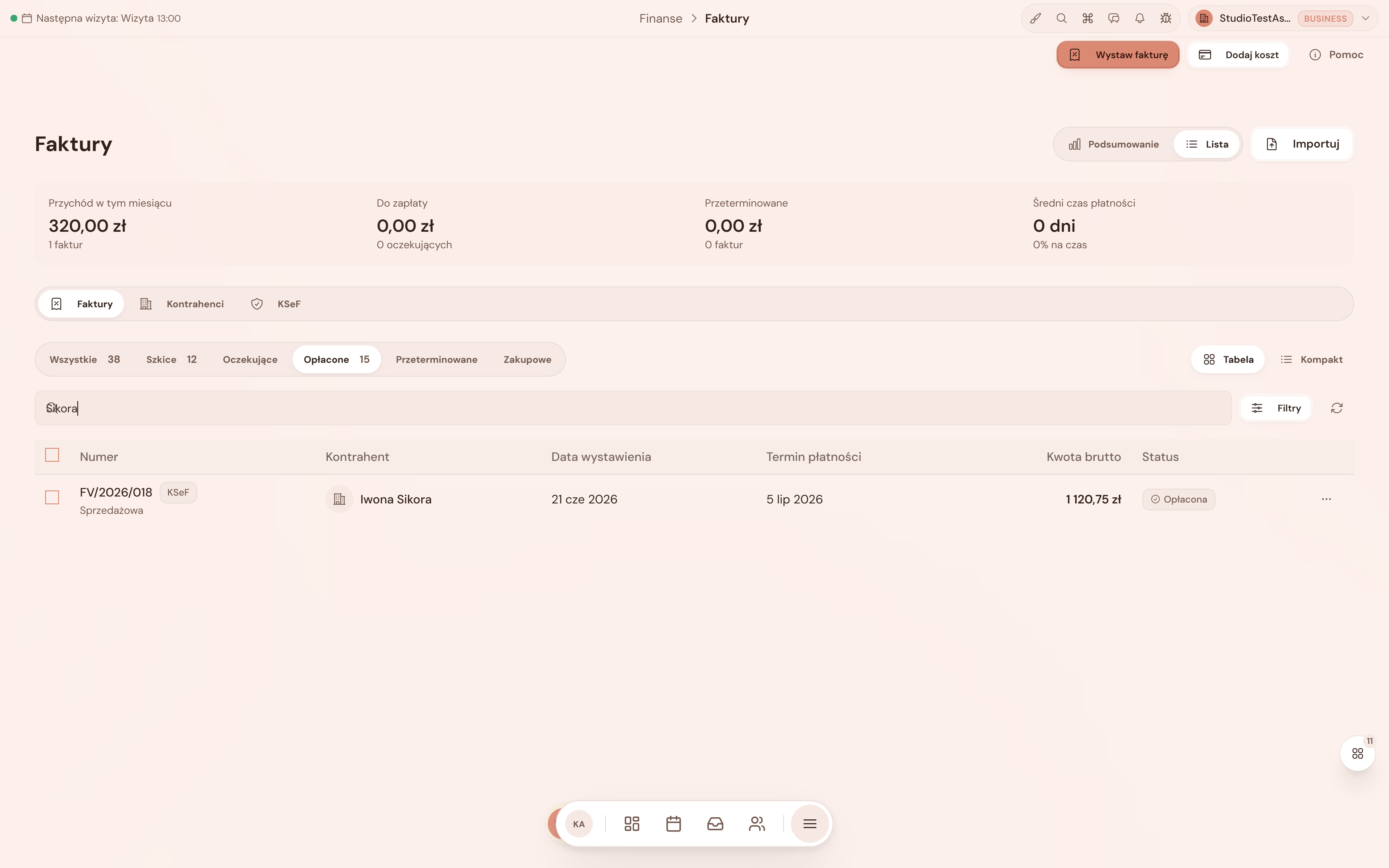 Asystio finance screenshot with a customer invoice and payment status