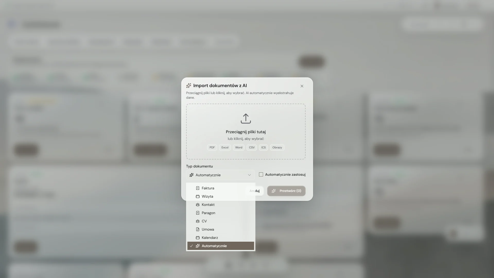 AI document import in Asystio with document type selection
