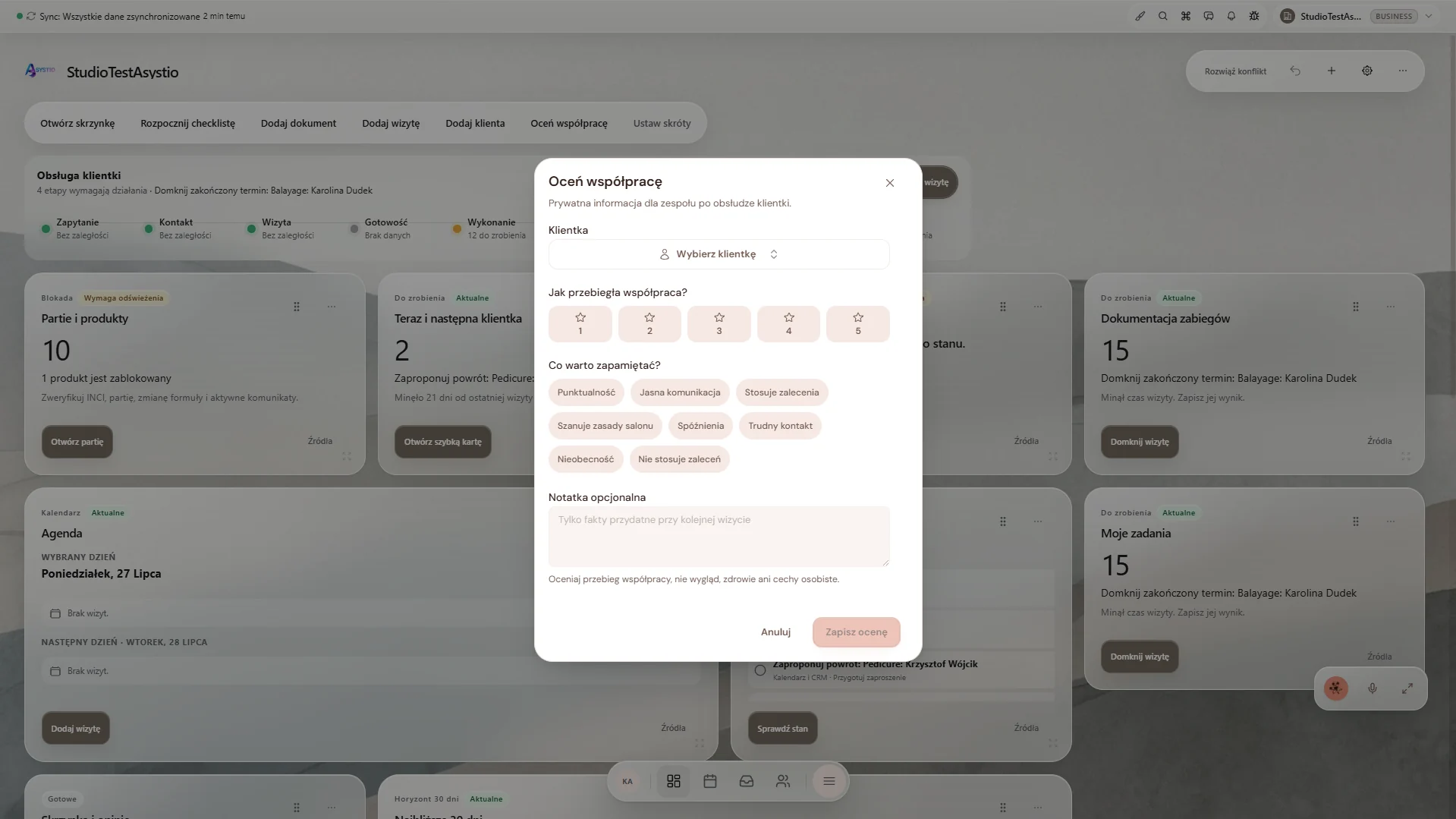 Customer collaboration rating dialog opened from the Asystio dashboard