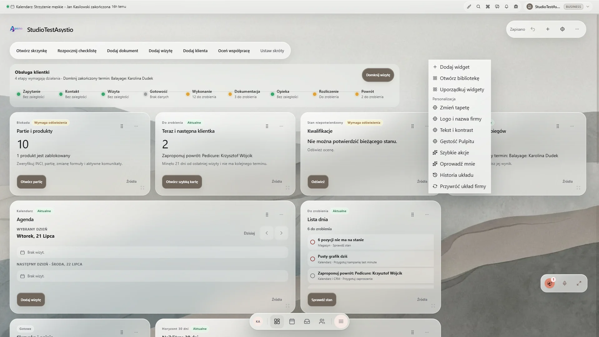 Asystio dashboard with company widgets and layout customisation menu