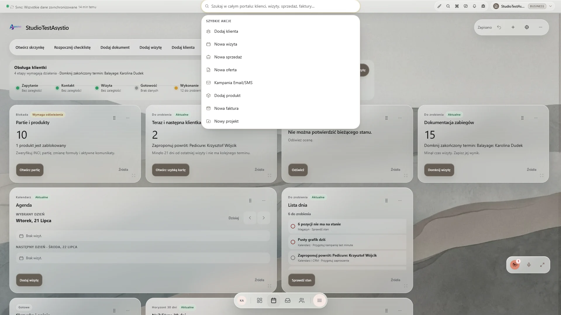 Asystio company dashboard with quick action menu and work widgets