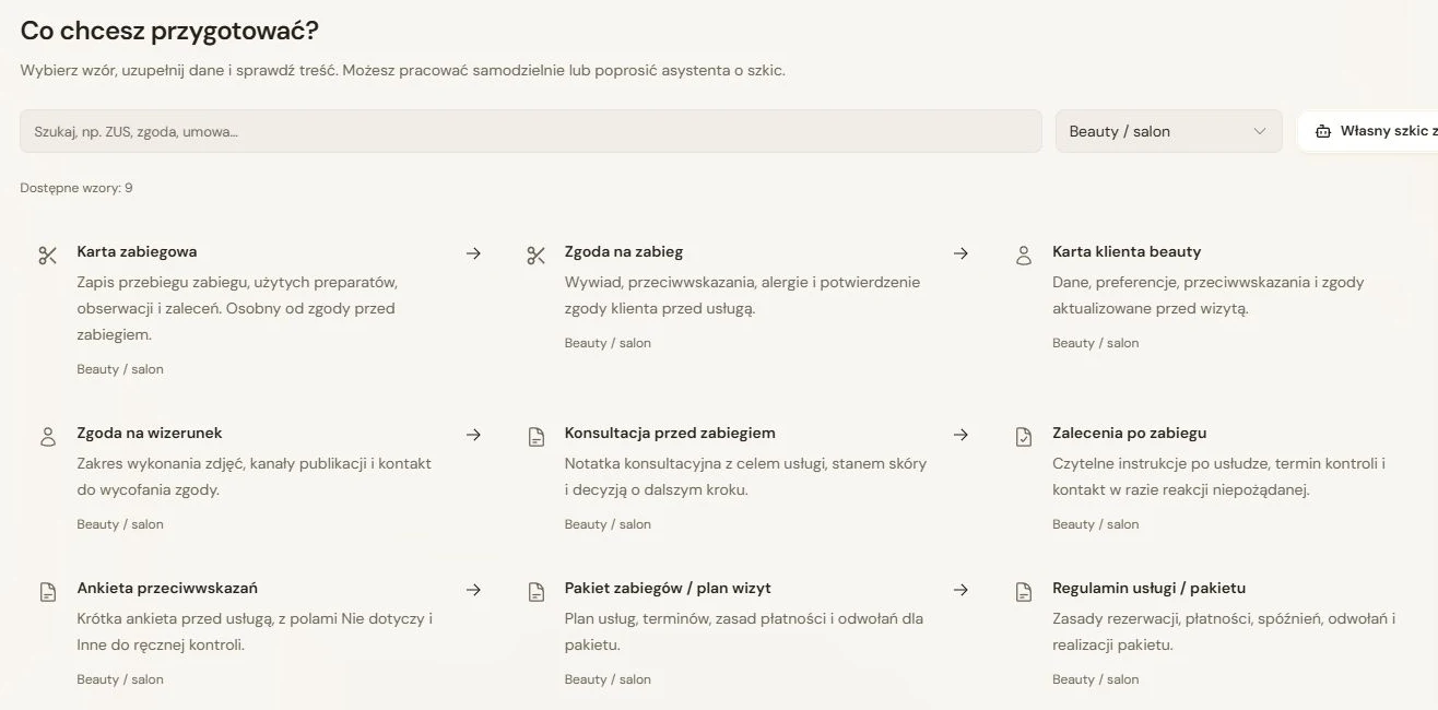 Aktualny wybór dziewięciu wzorów dokumentów salonu w Asystio, bez danych klientów